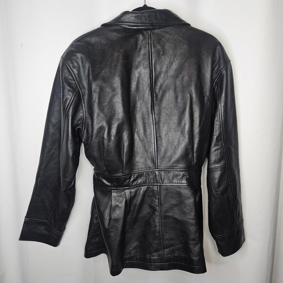 Vtg WILSONS LEATHER Black Leather Jacket Women’s Large Belted Midi Trench Coat - Picture 6 of 10